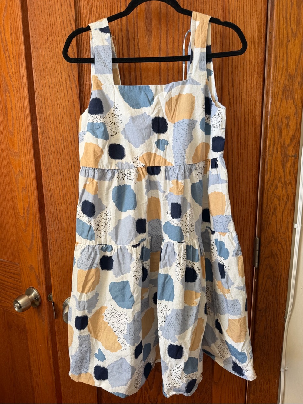 Sleeveless Tiered Sundress in Blue and Tan Abstract Pattern